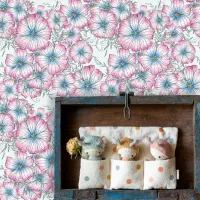 Charming Hand-Drawn Pink Blue Blooming Flowers Wallpaper