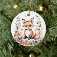 Personalized Pink and Purple Flowers and Baby Fox Ceramic Ornament