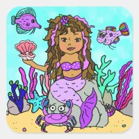 Tropical Under the Sea Purple Mermaid Square Sticker