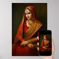 Indian Woman in Red Saree Vintage Painting Poster
