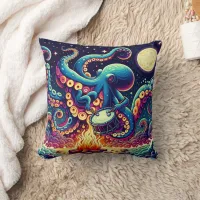 Octopus Playing Drums by Campfire Under Moonlight Throw Pillow