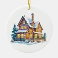 Personalized Log Cabin Christmas Ceramic Ornament