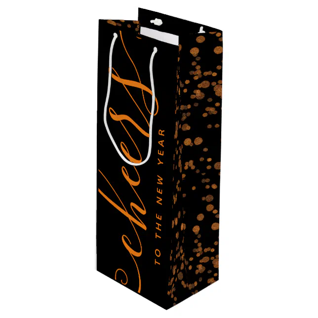 Handwritten Cheers to the New Year Copper Confetti Wine Gift Bag
