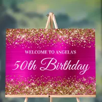 Gold Glitter Hot Pink Foil 50th Birthday Welcome Acrylic Sign