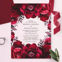 Elegant Deep Crimson Red Floral Romantic Wedding Acrylic Invitations