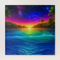 Colorful Tropical Ocean Sunset with Palm Trees Jigsaw Puzzle