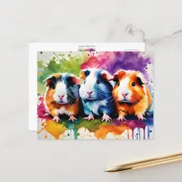 Cute guinea pigs with splashes of color, custom postcard