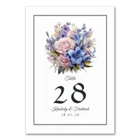 Petal Pink, Cornflower Blue & Mauve Purple Wedding Table Number