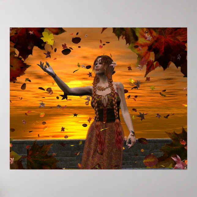 Elf in Falling Leaves Against an Autumn Sunset