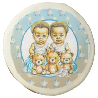 African-American Twin Boy's Blue Baby Shower Sugar Cookie