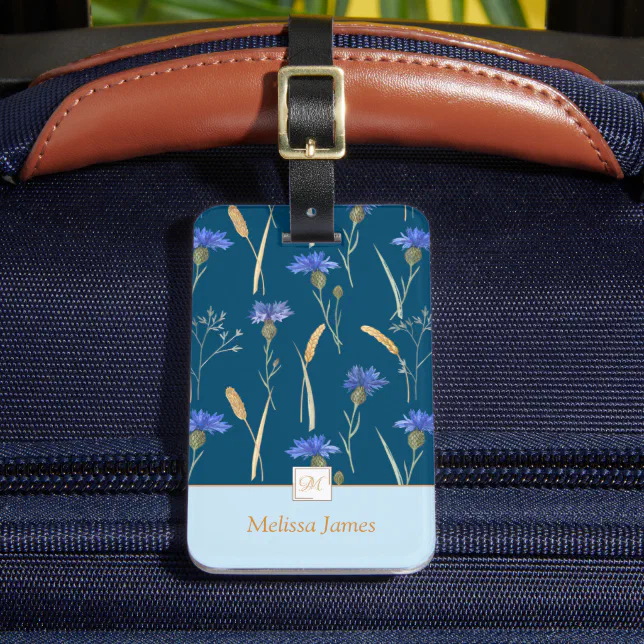 Blue Floral Wildflower Monogram Luggage Tag