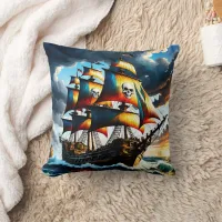 Colorful Pirate Ship Sailing in a Stormy Sky Throw Pillow