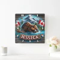 Canadian Beaver Building a Lodge in Water Square Wall Clock