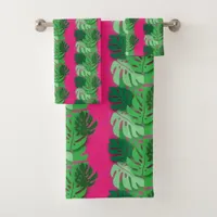 Green Tropical Exotic Monstera Leaves on Pink Bath Towel Set