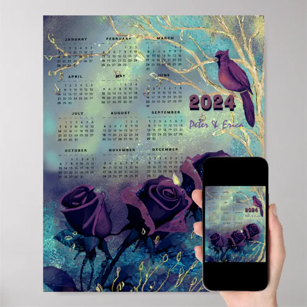 2024 Monthly Calendar Purple Roses Poster