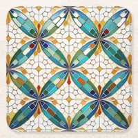 Geometric Mosaic Tile Pattern#5 Teal  White ID1078 Square Paper Coaster