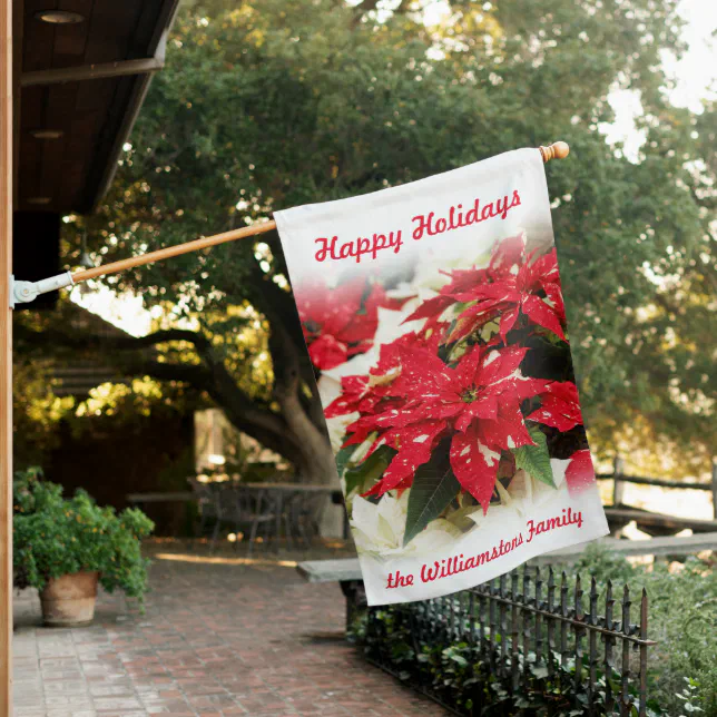 Festive Red White Floral Poinsettias House Flag