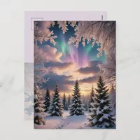 Snowy winter forest, ice crystals, northern lights holiday postcard