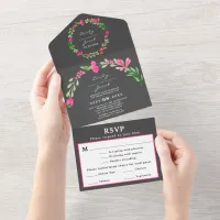 Rustic Dark Grey Pink Floral Country Wedding RSVP All In One Invitation