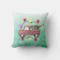 Green and Red Christmas Tree in Back of Truck Throw Pillow