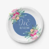 Blue Floral Pink Rosebud Wedding Personalized Paper Plates