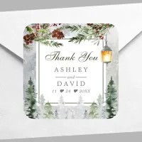 Winter Rustic Pine Trees Lantern Wedding Thank You Square Sticker