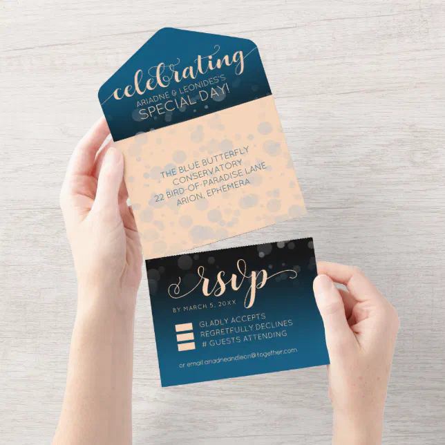 Elegant Peach Oceanic Blue Wedding All In One Invitation