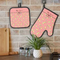 Summer Fruit Vintage Pink Lemon Cottage Core Oven Mitt & Pot Holder Set