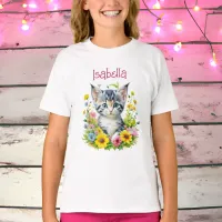 Watercolor Kitten Flowers Personalized T-Shirt