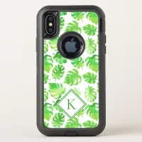 Bold Tropical Watercolor Leaves Pattern Monogram OtterBox Defender iPhone X Case