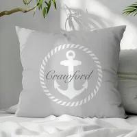 Preppy Gray & White Nautical Anchor Monogram Throw Pillow