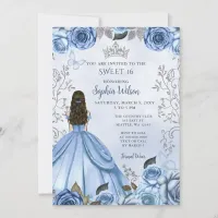 Dusty Blue Silver Floral Princess Sweet 16 Invitation