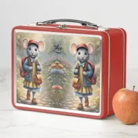 Cute mouse girl on her way to school, custom metal lunch box