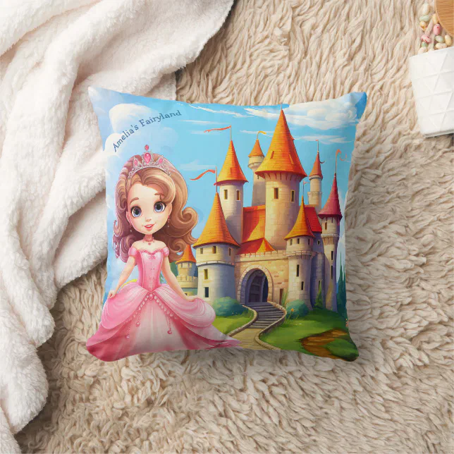 Cute Princess in a Fairy Tale Castle Personalized Throw Pillow