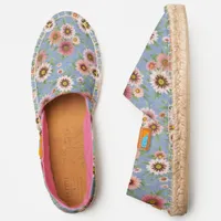 Pink Daisies on Blue Floral Pattern Espadrilles