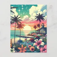 Pink and Turquoise Paradise | Beach Art Postcard