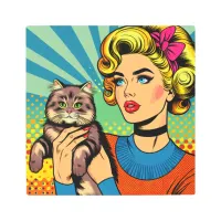 Cartoon Comic Pop Art Women Holding Cat