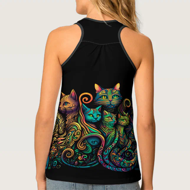 Stylized Cat Tribe Colors on Black Frieze Tank Top