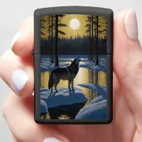 Howling Wolf Under Full Moon by Frozen River Zippo Lighter