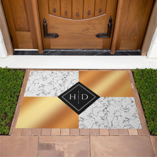 Elegant Marble & Copper Foil Monogram Doormat