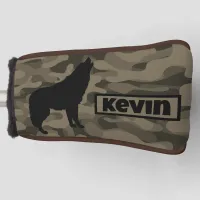 Modern Brown Camo Black Wolf Silhouette Monogram | Golf Head Cover