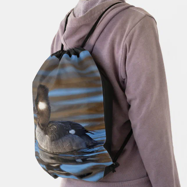 Cute Bufflehead Duck on Sunlit Waters Drawstring Bag