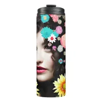 Paper Collage Style Art | Pretty Lady and Flowers Thermal Tumbler