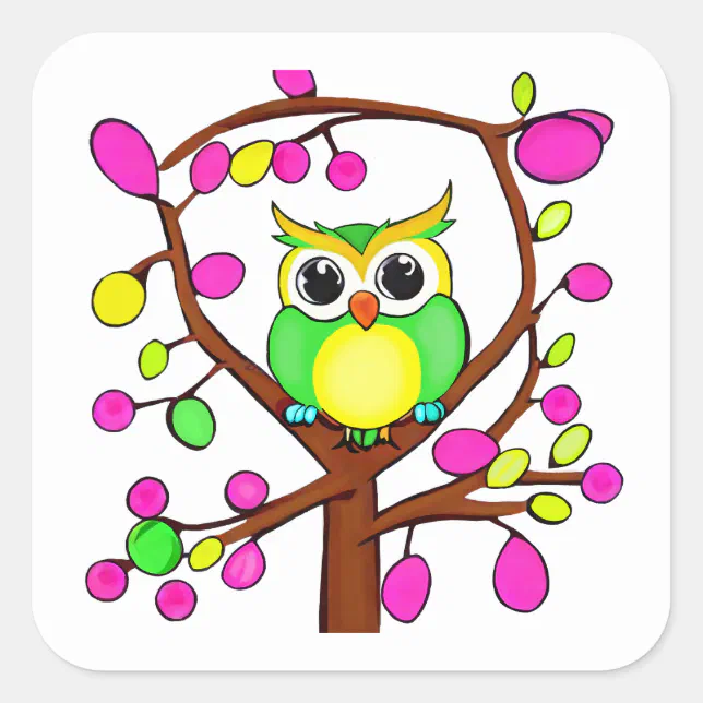 Happy owl in a multicolored tree square sticker