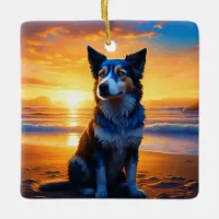 Ai Art  Dog sitting on the Beach Christmas Ceramic Ornament