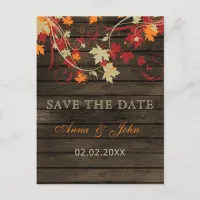 Barn Wood Rustic Fall Leaves Wedding save the date Announcement Postcard