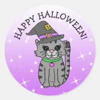 Happy Halloween Cat  in Witch's Hat Classic Round Sticker