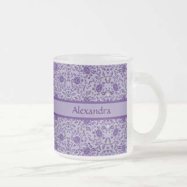 Elegant Flowery Purple Damask Frosted Glass Coffee Mug