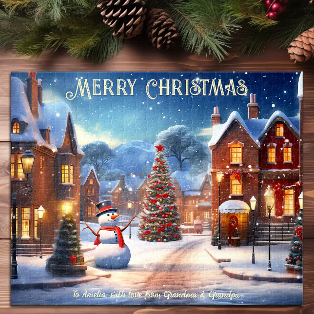 Christmas Street Snowman Tree Houses Holiday Art Jigsaw Puzzle