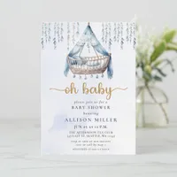 Oh Baby Blue Gold Crib Boho Boy Baby Shower  Invitation